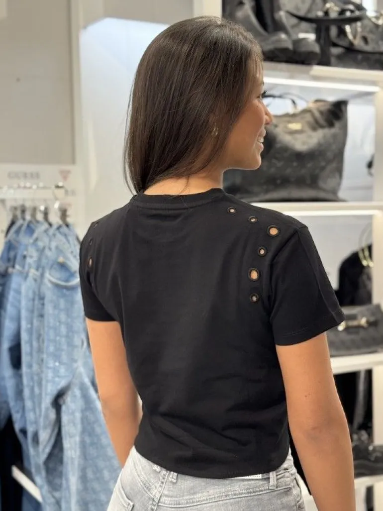 Guess - Cn Ss Eyelet Tone On Tone Tee - Zwart