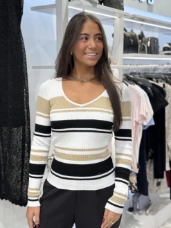 Guess - Evie Striped Vn Ls Swtr - Wit