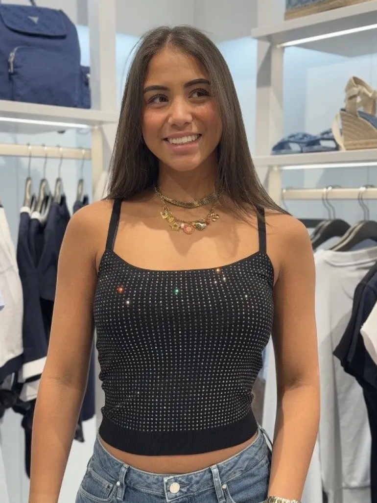 Guess - Khloe Rhinestones Tank Swtr - Zwart