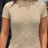 Guess - Ss Mock Neck All Over Logo Tee - Beige