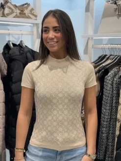 Guess - Ss Mock Neck All Over Logo Tee - Beige